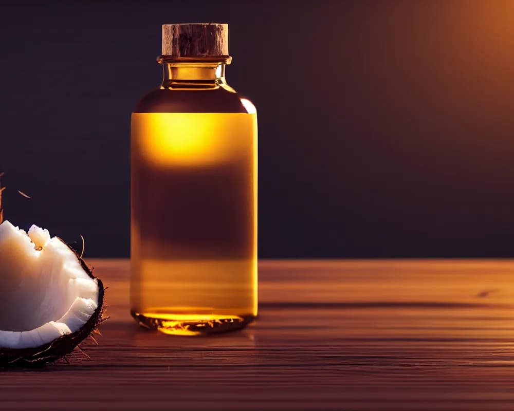Coconut oil bottle with fresh coconut