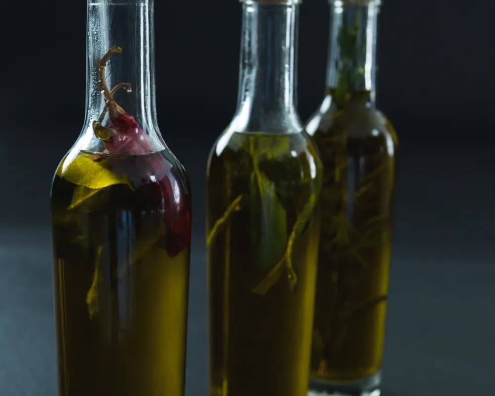 Infused olive oil bottles with herbs