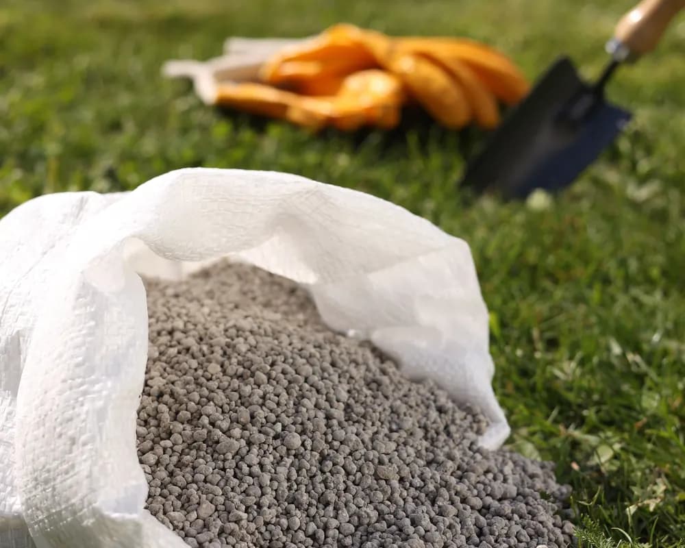 Bag of granular NPK fertiliser spilling onto grass