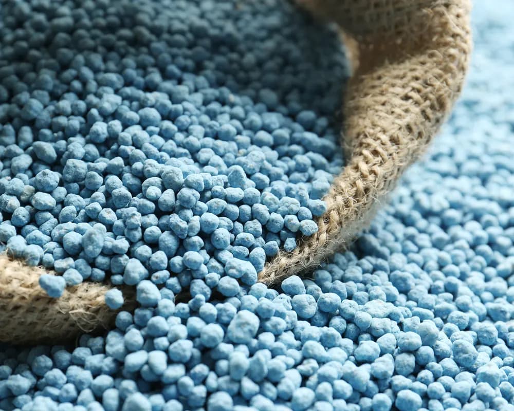 Blue granular phosphate fertiliser with a hessian sack
